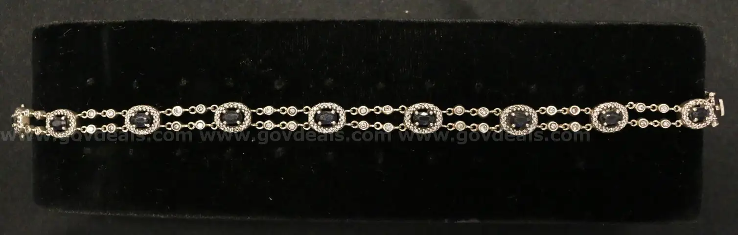 14K White Gold Diamond Linked Bracelet With Blue Stones, 16.1 Grams