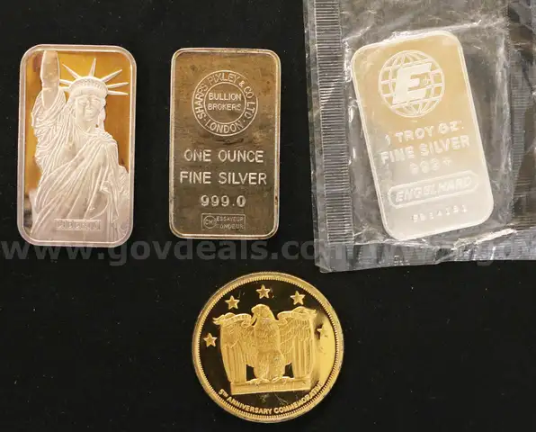 3 Sterling One Troy Ounce Ingots &#x26; 1  Troy Ounce Commemorative Silver Round