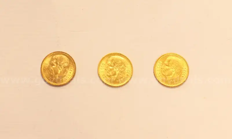 3 Assorted Date Mexico Dos Y Medio Pesos Gold Coins, 6.3 Grams