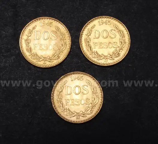 3- 1945 Gold Mexico Dos Pesos Coins, 5.0 Grams Total