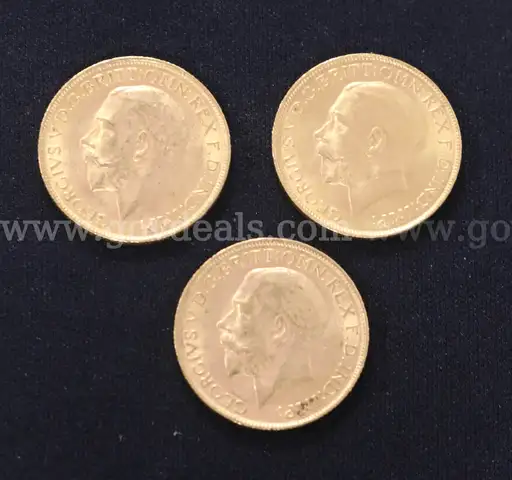 3 Assorted Date British George V Gold Sovereign Coins, 23.9 Grams Total