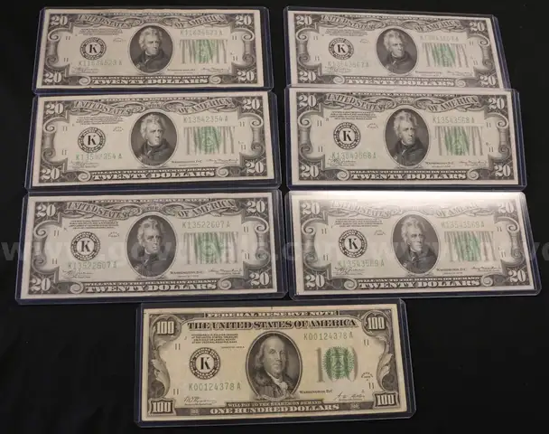 1- 1928A U.S. $100 Note and 6- 1934 U.S. $20 Notes, Some in Sequence