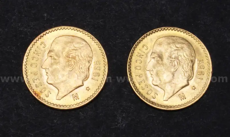 2 Mexico 1955 Cinco (5) Peso Gold Coins, 8.2 Grams