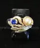 14k Yellow Gold Feather Design Ring with Blue Stone and Pearl, 2.7 Grams