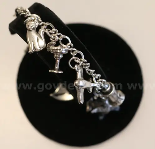 James Avery Sterling Silver Medium Twist Charm Bracelet and 8 Charms, 31.8 Grams