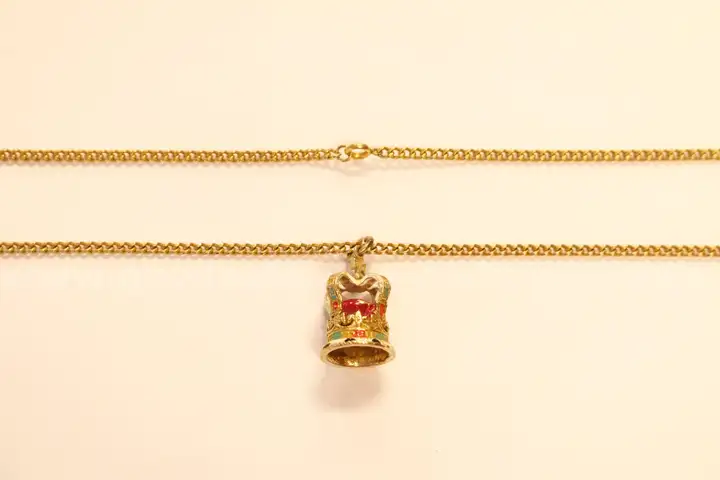 10k Yellow Gold Curb Link Necklace and Enameled Crown Pendant, 16.9 Grams