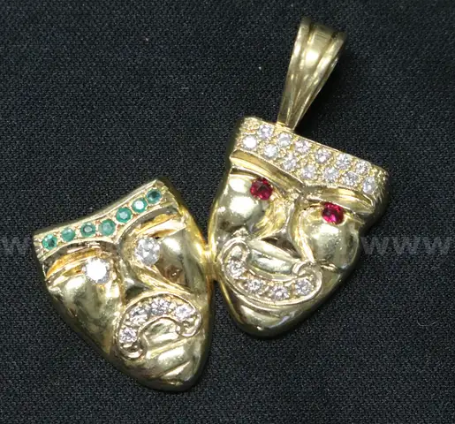 14K Y/G Smile Now Cry Later Pendant W/Diamonds & Colored Stones, 19.4 Grams