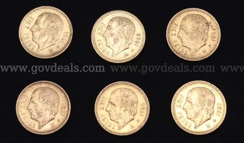 6 Mexico 1906 Diez Peso Gold Coins, 49.8 grams