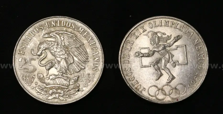 30- 1968, 25 Pesos Silver Juegos De La XIX Olimpiada Mexico Coins, 675.0 Grams