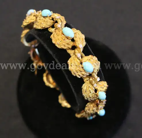 18K Yellow Gold Leaf/Nugget Design Bracelet W/Turquoise Stones & Diamonds, 50.9g