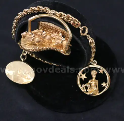 14k Yellow Gold Double Curb Charm Bracelet with 3 Charms, 46.2 Grams