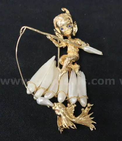 14k Yellow Gold William Russer Brooch with Pearls and Sapphires, 26.2 Grams