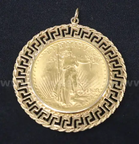 1908 U.S. $20 1 Oz. Gold Double Eagle in 14k Yellow Gold Bezel, 45.8 Grams