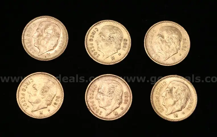 5- Assorted Date Mexico Gold Cinco Pesos Coins, 20.8 Grams Total
