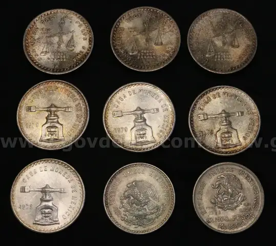 9 Assorted Silver Mexican Coins, 292.9 Grams Total