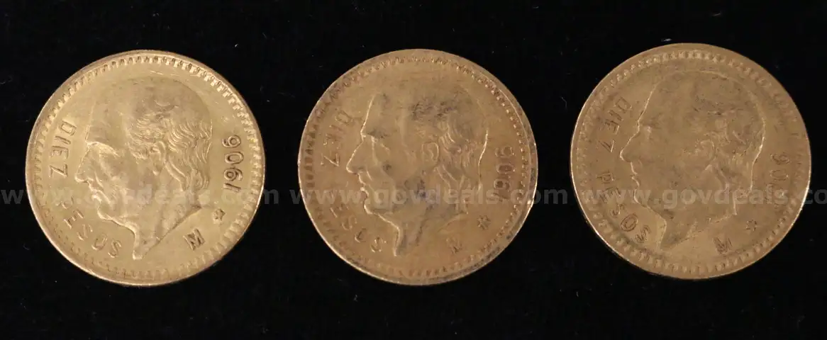 3- 1906 Mexico Diez Pesos Gold Coins, 24.9 Grams Total