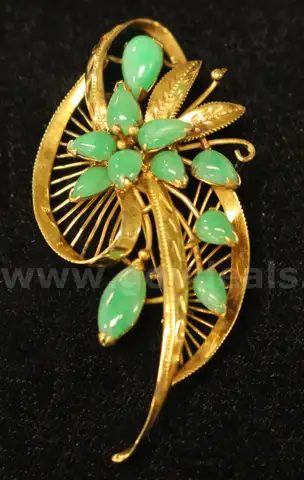 14k Yellow Gold Floral Design Brooch with Jade, 6.4 Grams