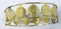 13 Gold Mexico Dos Peso Coins Set in 14K Yellow Gold Bracelet, 34.5 Grams