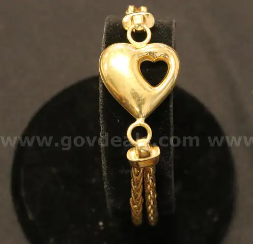 18K Yellow Gold Double Strand Bracelet W/Heart Charm, 17.2 Grams