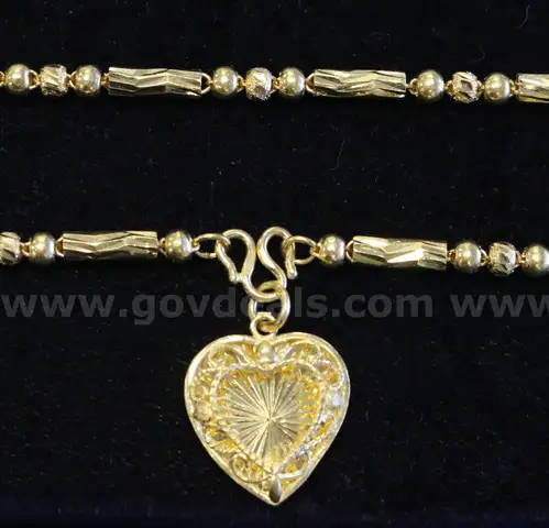 24K Yellow Gold Etched Bead Necklace With Filigree Heart Pendant, 25.6 Grams