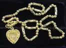 24K Yellow Gold Etched Bead Necklace With Filigree Heart Pendant, 25.6 Grams