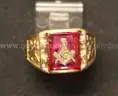 10k Yellow Gold Masonic Ring with Ruby, 9.8 Grams