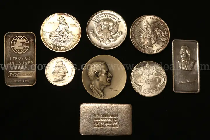 8- Assorted Silver Rounds and Ingot Bars, 249.7 Grams Total Weight