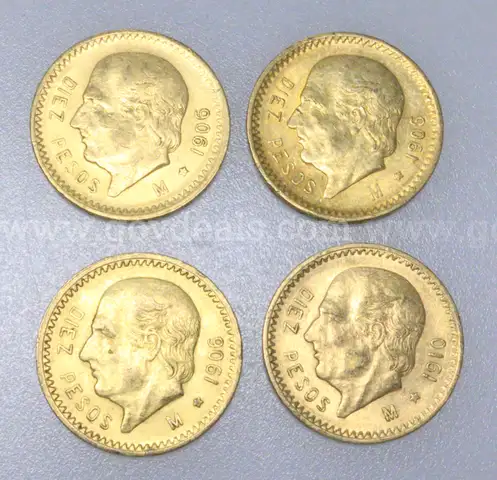 4 Assorted Date Mexico Diez Pesos Gold Coins, 33.2 Grams Total