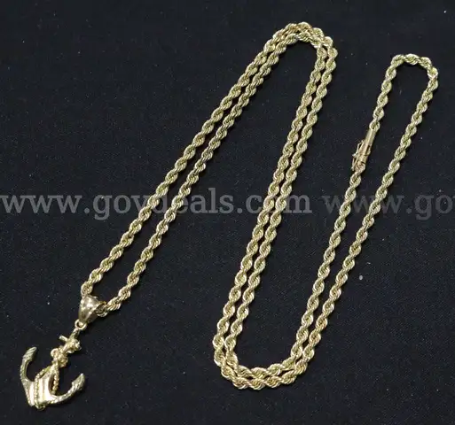 14k Yellow Gold Rope Chain with Diamond Cut Anchor Pendant, 28.6 Grams Total