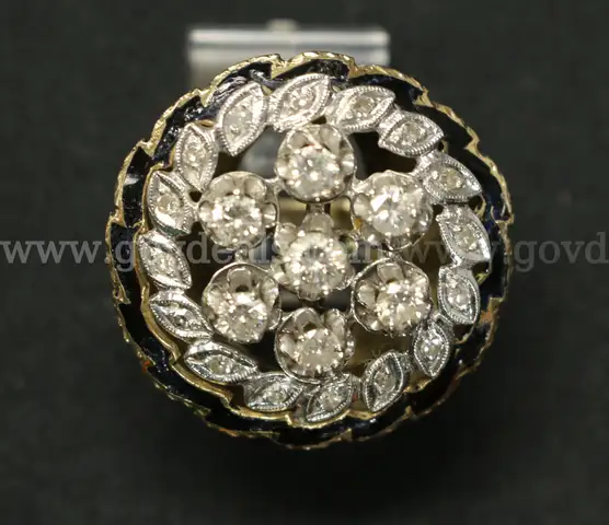 14k Yellow Gold Dome Design Ring with Black Enamel and Diamonds, 16.4 Grams