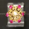 10k Yellow Gold Cluster Ring with Synthetic Rubies and Faux Pearl, 4.2 Grams