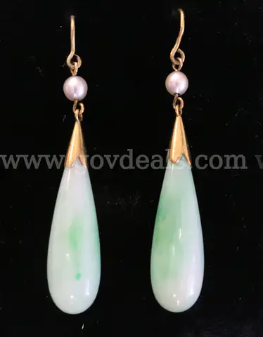 10k Yellow Gold Jade and Pearl Dangle Design Earrings, 8.0 Grams