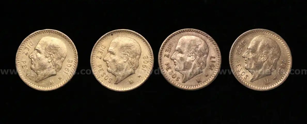4 Assorted Date Mexico Diez Pesos Gold Coins, 33.2 Grams Total