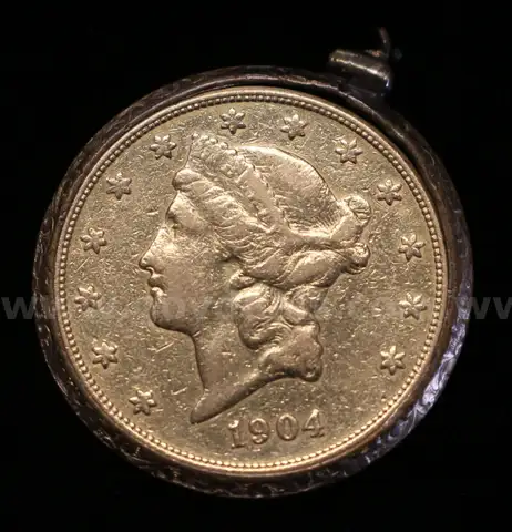1904 U.S. Liberty Head $20 1 Ounce Gold Coin in Gold-Tone Bezel, 36.0 Grams