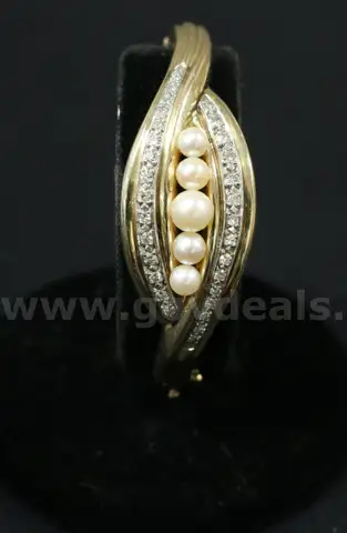 14K Yellow Gold Hinged Bangle With Pearls &#x26; Diamonds, 30.0 Grams