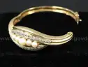 14K Yellow Gold Hinged Bangle With Pearls &#x26; Diamonds, 30.0 Grams