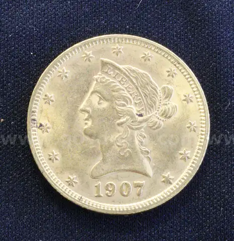 1907 Gold U.S. $10 Liberty Head Gold Eagle Coin, 16.6 Grams