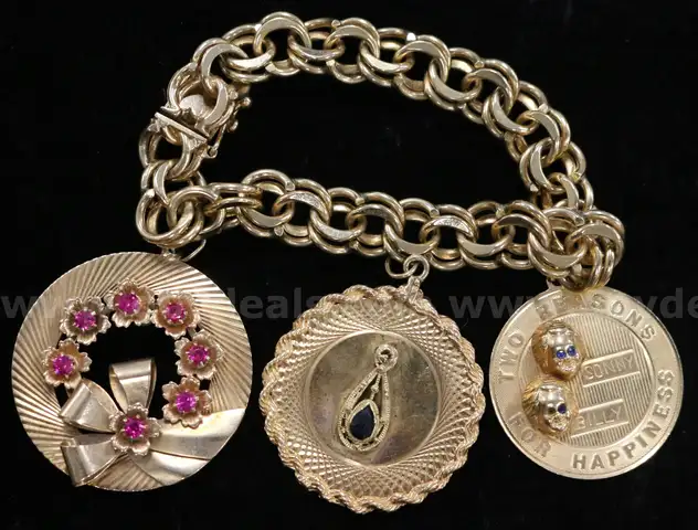 14K Yellow Gold Double Curb Link Bracelet W/3 Charms, 62.2 Grams