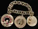 14K Yellow Gold Double Curb Link Bracelet W/3 Charms, 62.2 Grams