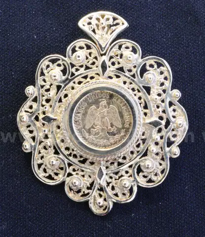 1945 Gold Mexico Dos Peso Coin In 14K Yellow Gold Filigree Bezel, 11.0 Grams