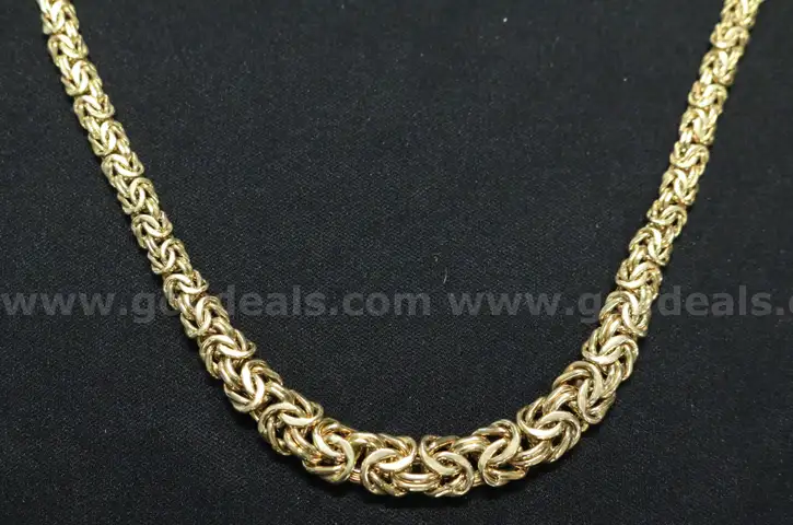 14K Yellow Gold Flat Byzantine Design Necklace, 27.1 Grams