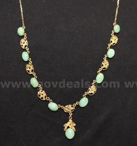 14K Yellow Gold Flower Design Necklace With Jadeite Stone Spacers, 14.3 Grams