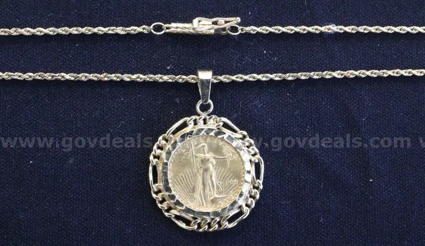 1993 U.S. 1/10th Ounce Gold Eagle Coin W/ 14k Rope Necklace &#x26; Bezel, 9.2 TGW