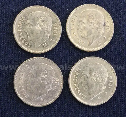 4 Assorted Date Mexico Gold Cinco (5) Peso Coins, 16.4 Grams