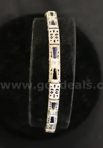 14K White Gold Vintage Sapphire/Diamond Filigree Bracelet, 10.5 Grams