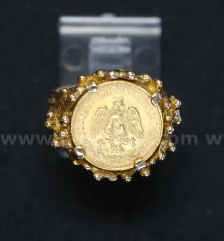 Mexico 1945 Dos Peso Gold Coin In 14K Yellow Gold Nugget Ring Setting, 7.8 Grams