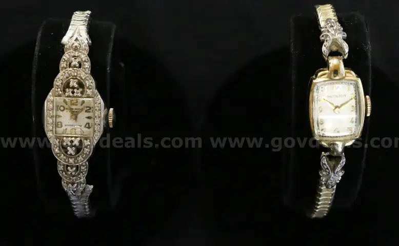 2 Ladies Watches Hamilton &#x26; Black Shield 14K Gold Case, Back With Diamonds
