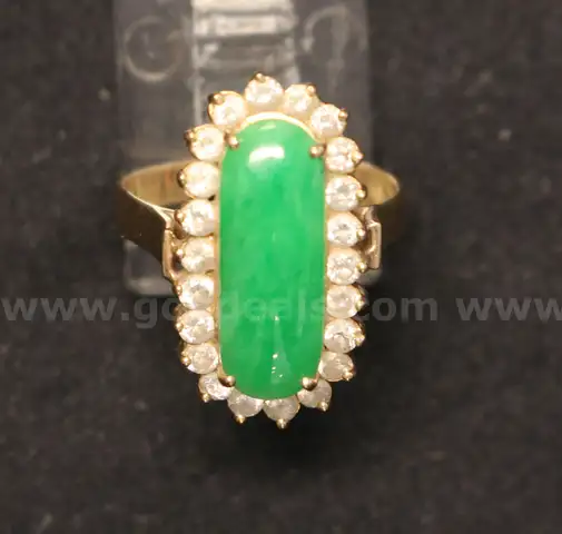 14K Yellow Gold Ring With Jade &#x26; Diamonds, 4.7 Grams