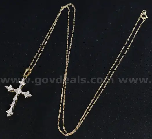10K Yellow Gold Thin Necklace With Diamond Cross Pendant, 1.9 Grams