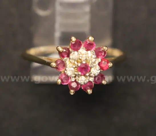 10K Yellow Gold Cluster Ring With Red Stones &#x26; Diamonds, 1.9 Grams